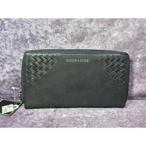 Union Code Black Leather RFID Zip Around Wallet Woven Accents NWT